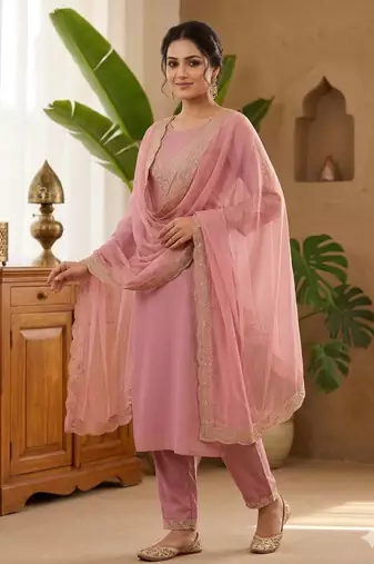 New womens peach straight cut kurta set with scalloped embroidered organza dupatta set