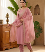 New womens peach straight cut kurta set with scalloped embroidered organza dupatta set