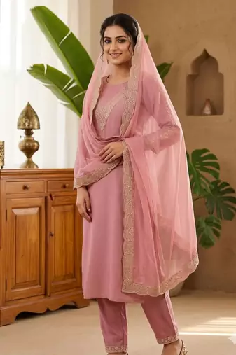 New womens peach straight cut kurta set with scalloped embroidered organza dupatta set