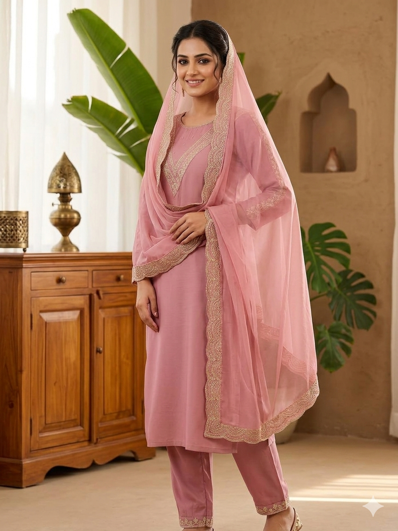 New womens peach straight cut kurta set with scalloped embroidered organza dupatta set