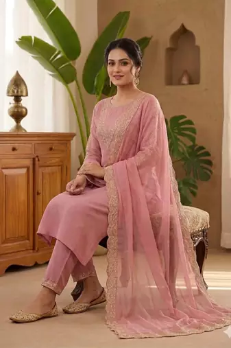 New womens peach straight cut kurta set with scalloped embroidered organza dupatta set
