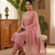 New womens peach straight cut kurta set with scalloped embroidered organza dupatta set