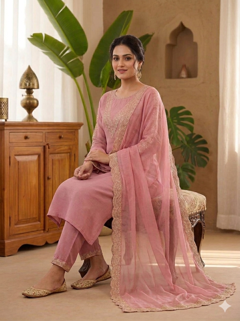 New womens peach straight cut kurta set with scalloped embroidered organza dupatta set