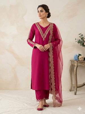  womens rani pink straight cut kurta set with scalloped embroidered organza dupatta set 1