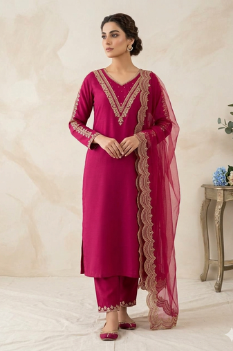 New womens rani pink straight cut kurta set with scalloped embroidered organza dupatta set