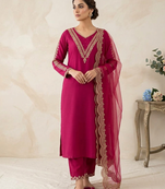New womens rani pink straight cut kurta set with scalloped embroidered organza dupatta set