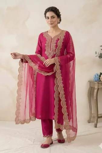 New womens rani pink straight cut kurta set with scalloped embroidered organza dupatta set