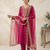 New womens rani pink straight cut kurta set with scalloped embroidered organza dupatta set