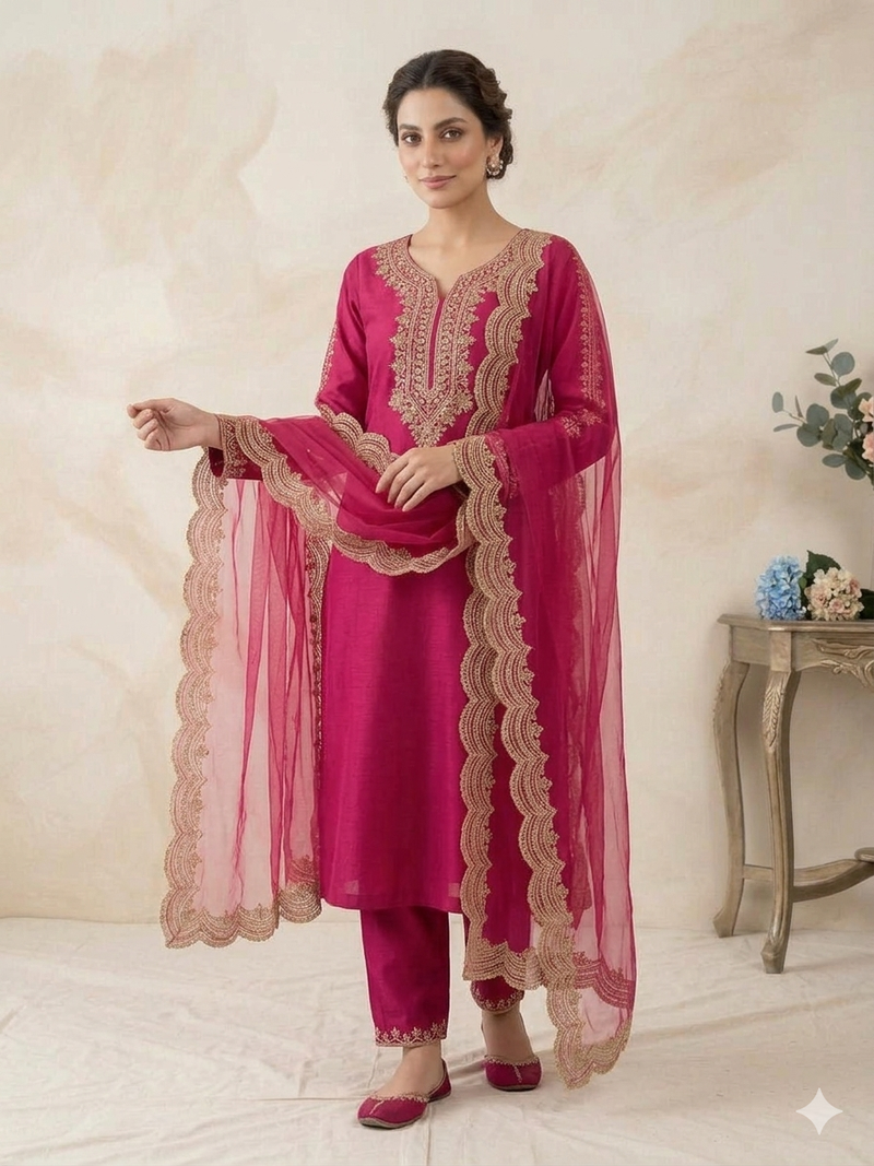 New womens rani pink straight cut kurta set with scalloped embroidered organza dupatta set
