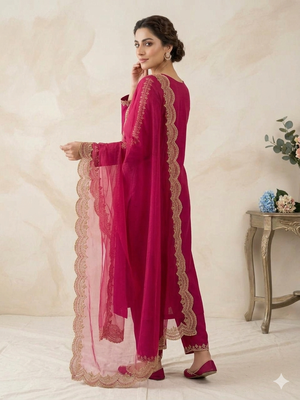  womens rani pink straight cut kurta set with scalloped embroidered organza dupatta set 3