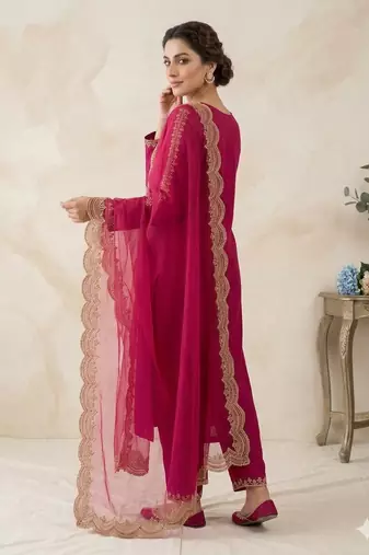 New womens rani pink straight cut kurta set with scalloped embroidered organza dupatta set