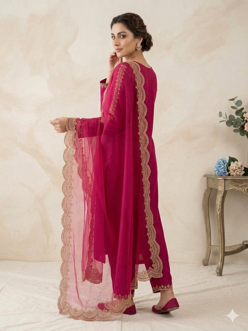 New womens rani pink straight cut kurta set with scalloped embroidered organza dupatta set