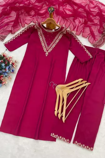 New womens rani pink straight cut kurta set with scalloped embroidered organza dupatta set