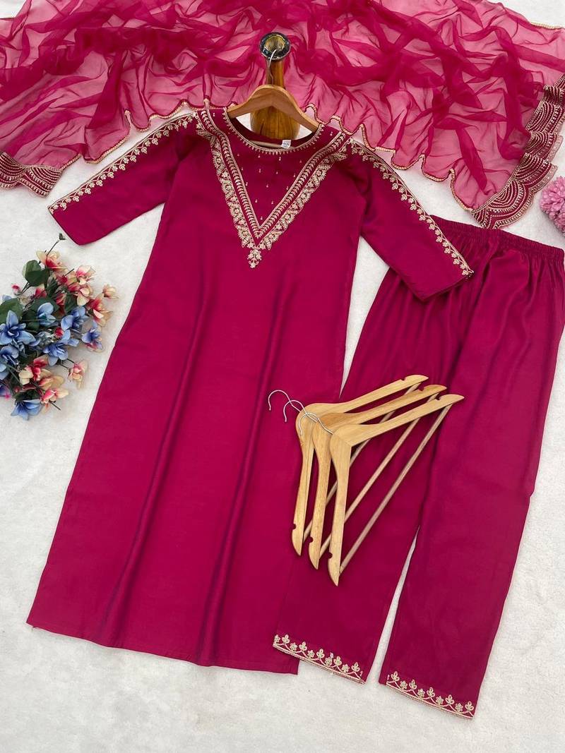 New womens rani pink straight cut kurta set with scalloped embroidered organza dupatta set