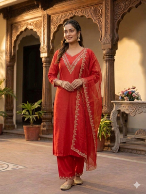  womens red straight cut kurta set with scalloped embroidered organza dupatta set 1