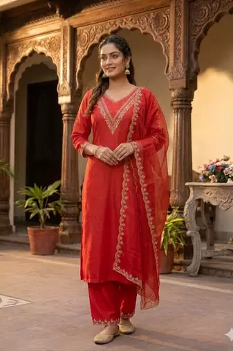 New womens red straight cut kurta set with scalloped embroidered organza dupatta set