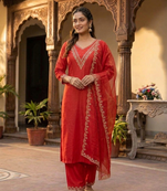 New womens red straight cut kurta set with scalloped embroidered organza dupatta set