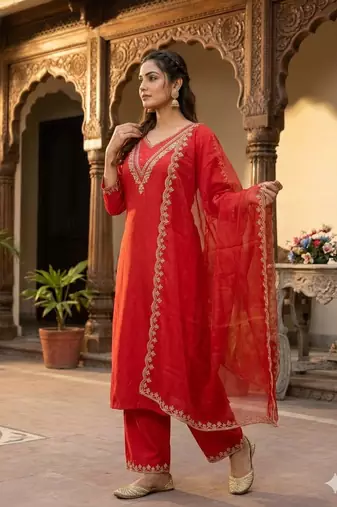New womens red straight cut kurta set with scalloped embroidered organza dupatta set