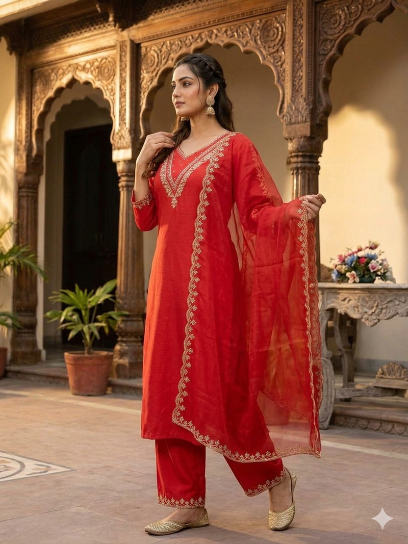 New womens red straight cut kurta set with scalloped embroidered organza dupatta set