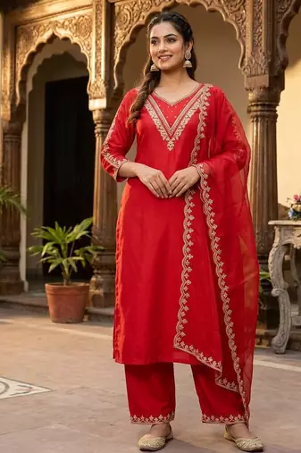 New womens red straight cut kurta set with scalloped embroidered organza dupatta set