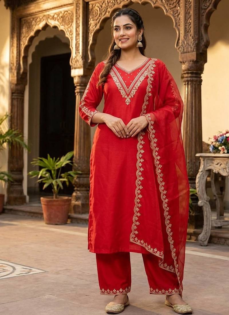 New womens red straight cut kurta set with scalloped embroidered organza dupatta set