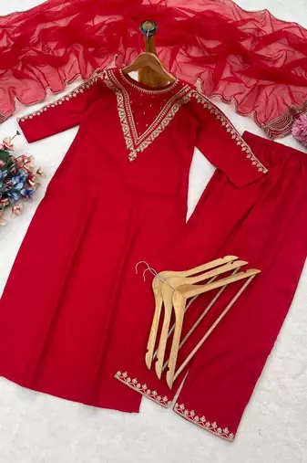 New womens red straight cut kurta set with scalloped embroidered organza dupatta set