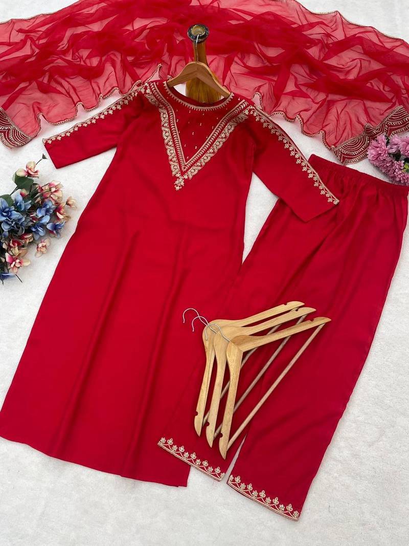 New womens red straight cut kurta set with scalloped embroidered organza dupatta set