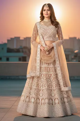 Women's Peach Net Embroidered Semi-Stiched Lehenga With Unstiched Choli And Net Dupatta