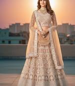 Women's Peach Net Embroidered Semi-Stiched Lehenga With Unstiched Choli And Net Dupatta