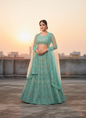 Women's Light Green Net Embroidered Semi-Stiched Lehenga With Unstiched Choli And Net Dupatta 1