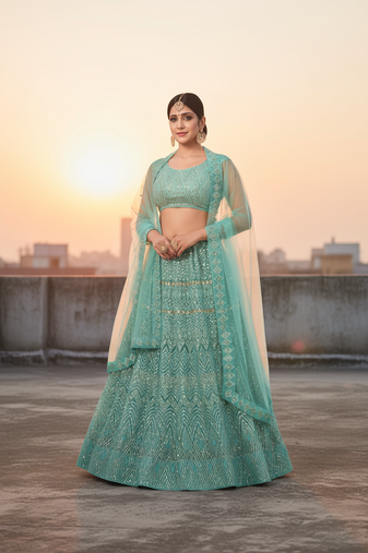 Women's Light Green Net Embroidered Semi-Stiched Lehenga With Unstiched Choli And Net Dupatta