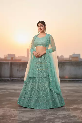 Women's Light Green Net Embroidered Semi-Stiched Lehenga With Unstiched Choli And Net Dupatta