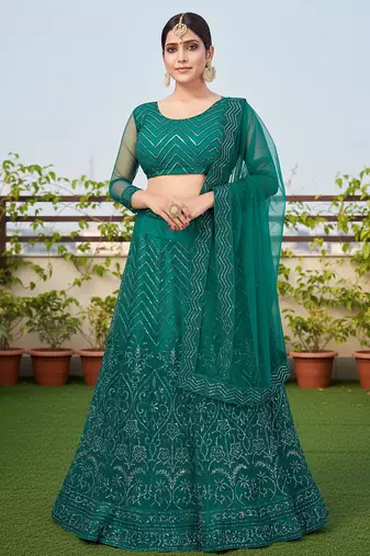 Women's Green Net Embroidered Semi-Stiched Lehenga With Unstiched Choli And Net Dupatta