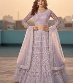 Women's Lavender Net Embroidered Semi-Stiched Lehenga With Unstiched Choli And Net Dupatta