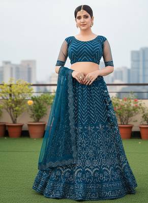 Women's Teal Net Embroidered Semi-Stiched Lehenga With Unstiched Choli And Net Dupatta 1