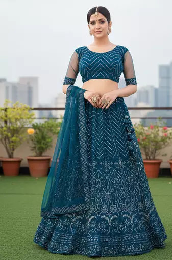 Women's Teal Net Embroidered Semi-Stiched Lehenga With Unstiched Choli And Net Dupatta