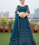 Women's Teal Net Embroidered Semi-Stiched Lehenga With Unstiched Choli And Net Dupatta