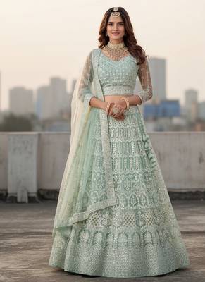 Women's Light Blue Net Embroidered Semi-Stiched Lehenga With Unstiched Choli And Net Dupatta 1