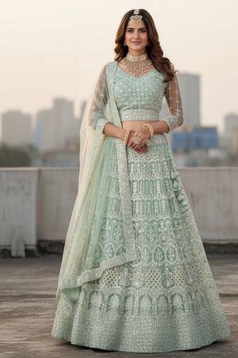 Women's Light Blue Net Embroidered Semi-Stiched Lehenga With Unstiched Choli And Net Dupatta
