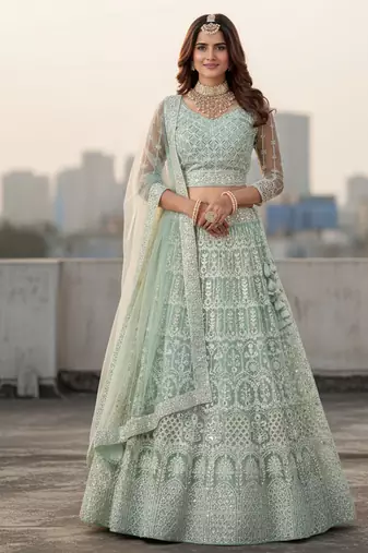 Women's Light Blue Net Embroidered Semi-Stiched Lehenga With Unstiched Choli And Net Dupatta