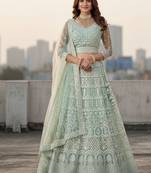 Women's Light Blue Net Embroidered Semi-Stiched Lehenga With Unstiched Choli And Net Dupatta