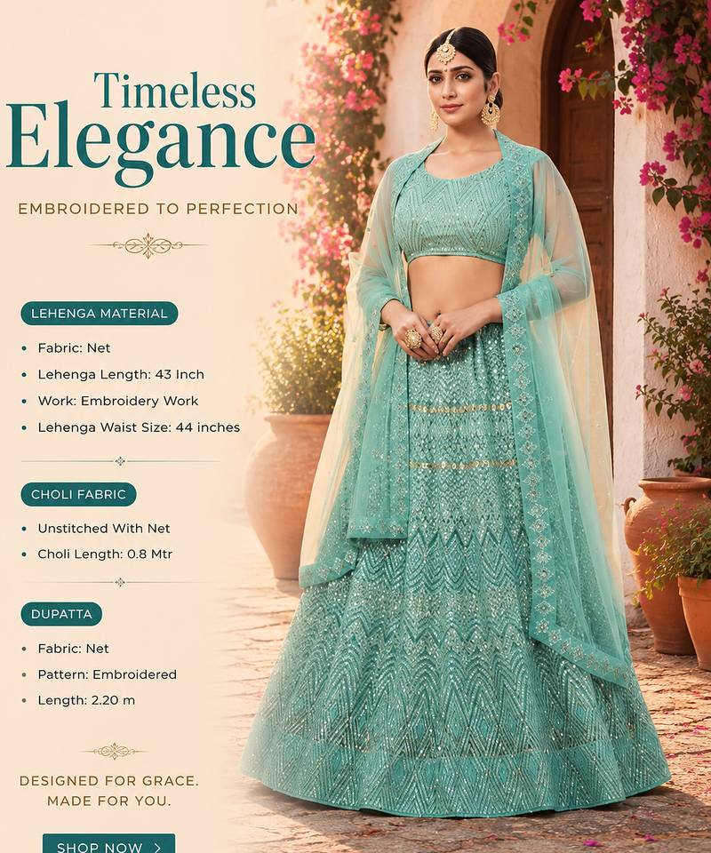 Women's Light Green Net Embroidered Semi-Stiched Lehenga With Unstiched Choli And Net Dupatta