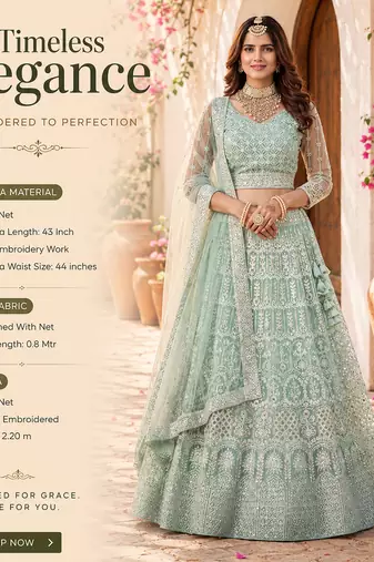Women's Light Blue Net Embroidered Semi-Stiched Lehenga With Unstiched Choli And Net Dupatta