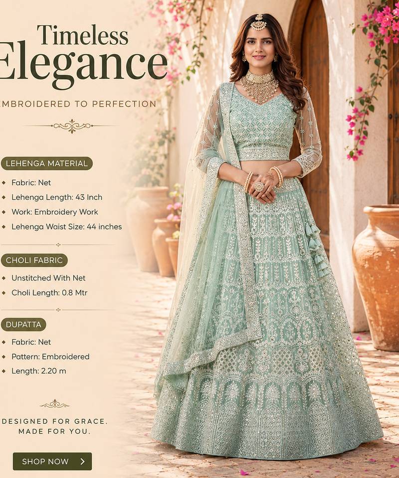 Women's Light Blue Net Embroidered Semi-Stiched Lehenga With Unstiched Choli And Net Dupatta