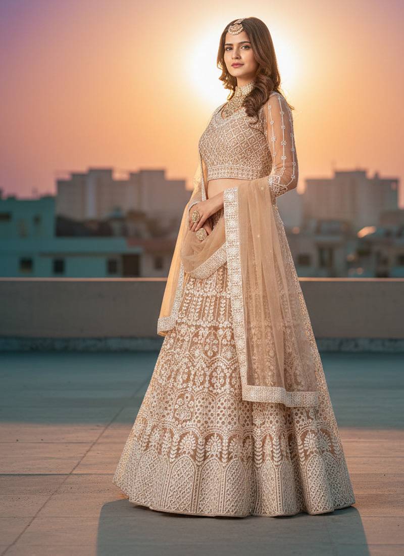 Women's Peach Net Embroidered Semi-Stiched Lehenga With Unstiched Choli And Net Dupatta