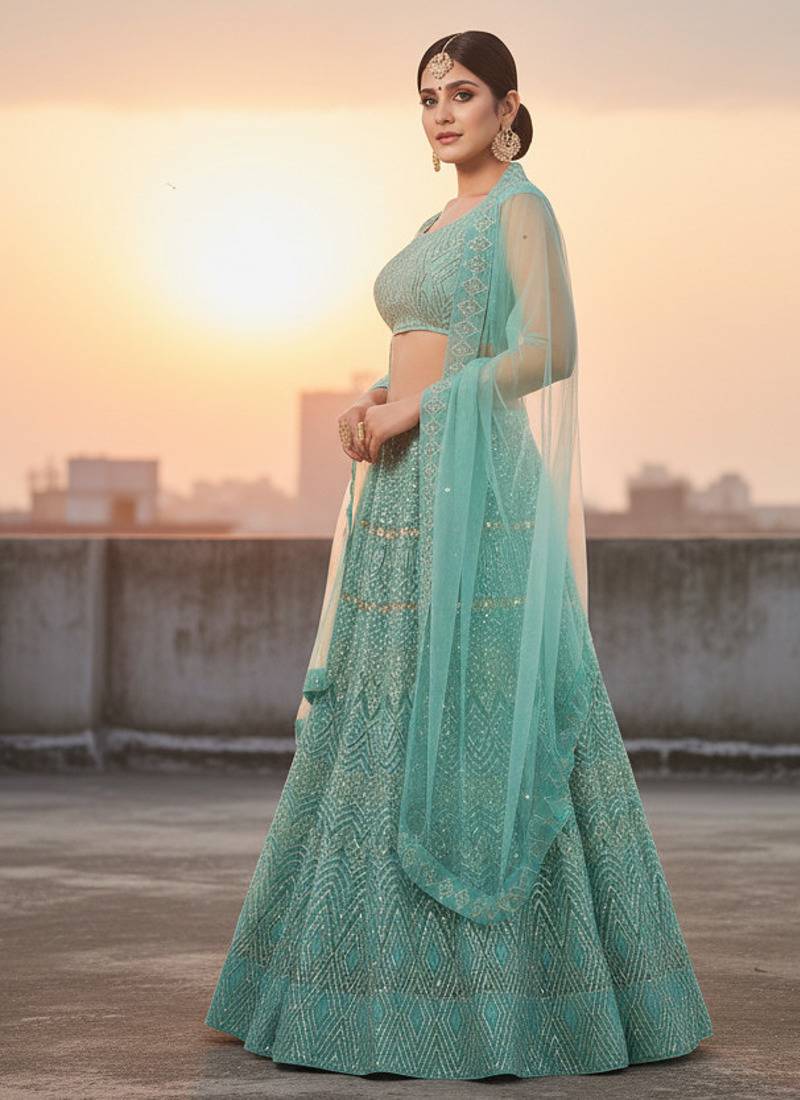 Women's Light Green Net Embroidered Semi-Stiched Lehenga With Unstiched Choli And Net Dupatta