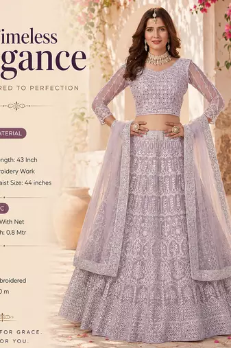 Women's Lavender Net Embroidered Semi-Stiched Lehenga With Unstiched Choli And Net Dupatta