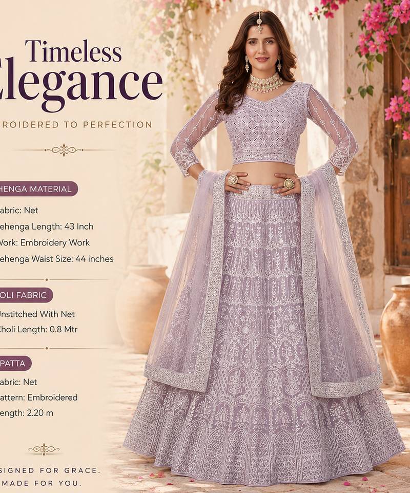 Women's Lavender Net Embroidered Semi-Stiched Lehenga With Unstiched Choli And Net Dupatta