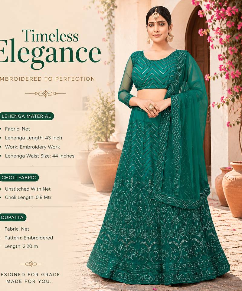 Women's Green Net Embroidered Semi-Stiched Lehenga With Unstiched Choli And Net Dupatta