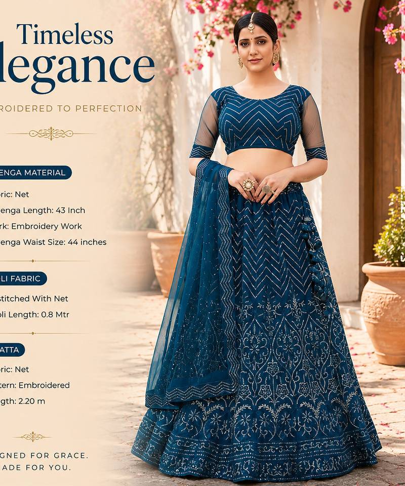 Women's Teal Net Embroidered Semi-Stiched Lehenga With Unstiched Choli And Net Dupatta